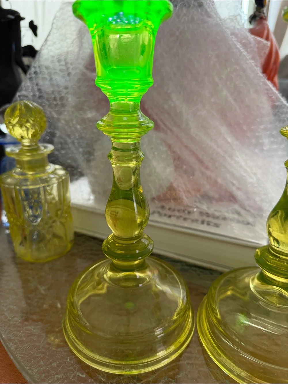 Vintage uranium Yellow Glass Candlestick Holders - Pair
